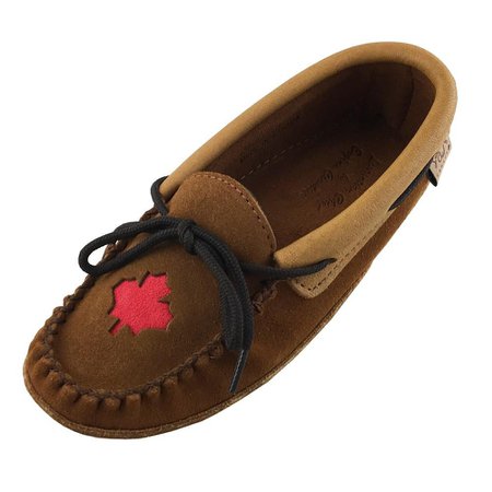 Women's Soft-Sole Suede Moccasins with Leather Trim and Maple Leaf Acc – Leather-Moccasins
