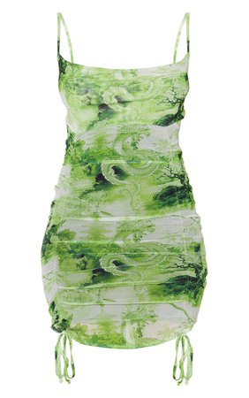 Lime Oriental Print Ruched Tie Hem Bodycon Dress | PrettyLittleThing