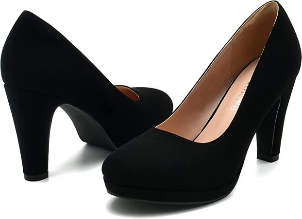 Amazon.com | WuORWu Women's Round Toe Low Platform High Heel Pumps（Black Nubuck, 8） | Pumps