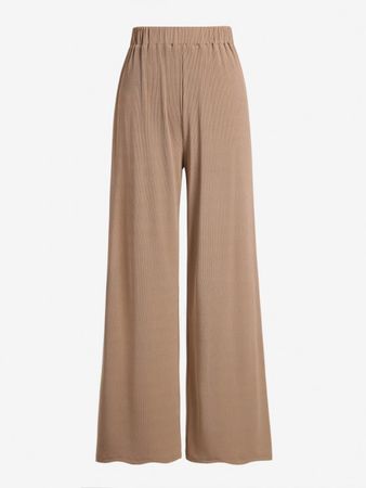 ZAFUL Women's Daily Solid Color Ribbed High Waisted Wide Leg Pull On Pants In LIGHT COFFEE | ZAFUL 2023