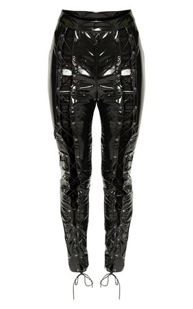 Black Vinyl Lace Up Detail pants | pants | PrettyLittleThing USA