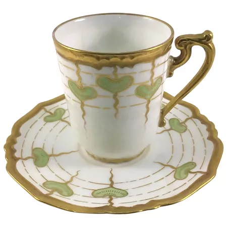 Limoges Art Nouveau Puffy Hearts and Heavy Gold Cup and Saucer : The Porcelain Kingdom | Ruby Lane