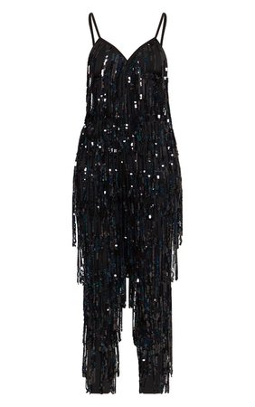 Black Tassel Sequin Jumpsuit | PrettyLittleThing