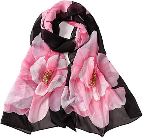 E-Clover Women Soft Floral Print Shawl Chiffon Sheer Scarf (A-Black&Pink) at Amazon Women’s Clothing store