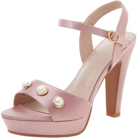 Amazon.com | Lydee Women Fashion Summer Shoes Block High Heels Platform Sandals Ankle Strap Heels Wedding Party Shoes Pearl Pink Size 38 | Sandals