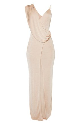 Nude Textured Slinky Asymmetric Drape Maxi Dress | PrettyLittleThing USA