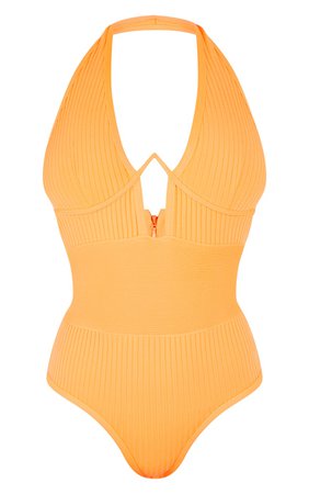 Bright Orange Bandage Rib V-Wire Bodysuit | PrettyLittleThing USA