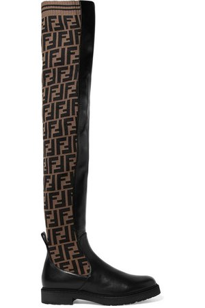 Fendi | Logo-jacquard stretch-knit and leather over-the-knee boots | NET-A-PORTER.COM