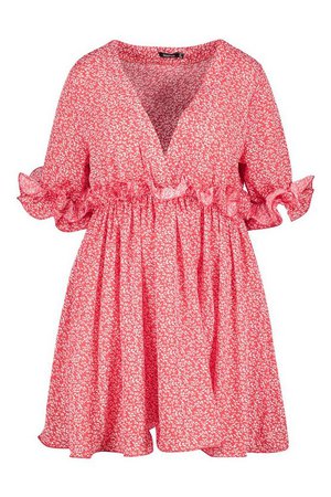 Plus Floral Frill Smock Dress | Boohoo red