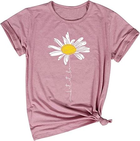 Dresswel Women Let It Be Daisy T-Shirt Crew Neck Graphic Print Summer Tops at Amazon Women’s Clothing store
