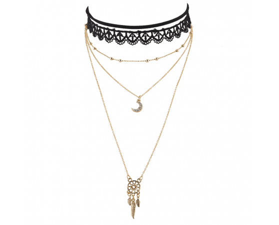 Black Lace Choker Gold Tone Moon Dream Catcher Layered Necklace - Necklaces