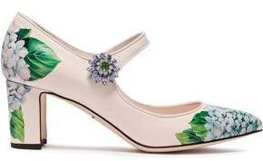 Crystal-embellished Floral-print Patent-leather Mary Jane Pumps