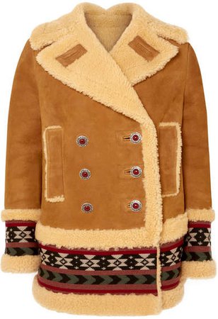 Embroidered Shearling Coat - Beige