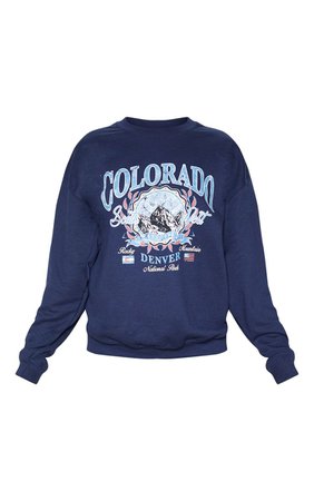 Navy Colorado Slogan Sweater | Tops | PrettyLittleThing USA