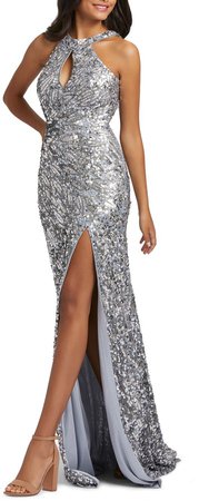 Sequin Cowl Back Column Gown