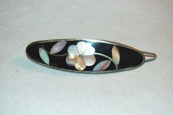 Barrette Hair Clip Silver Inlaid Abalone Vintage old