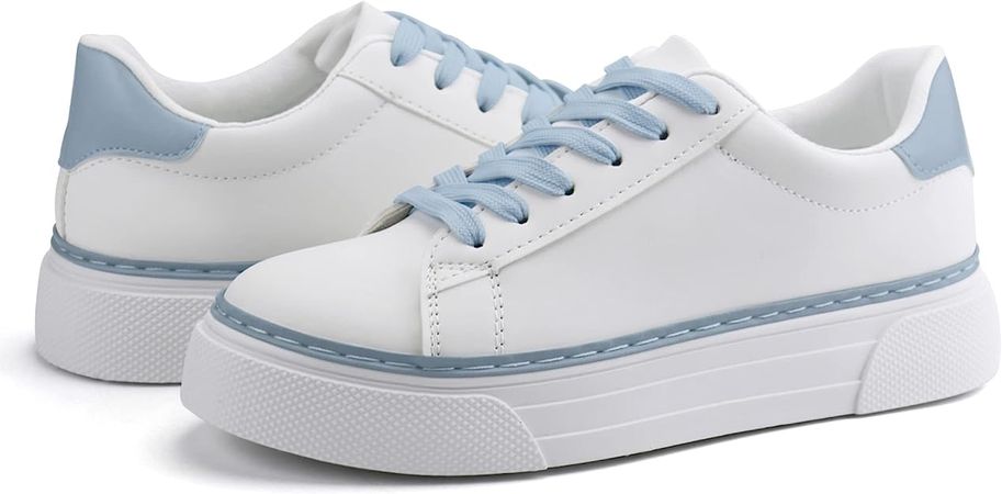 Amazon.com | JABASIC Women Platform White Sneakers Lace Up Fashion Tennis Sneaker Casual Walking Shoes (10,White/Blue) | Walking