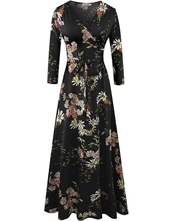 Aphratti Women's 3/4 Sleeve Casual Faux Wrap V Neck Maxi Dress Floral/Black L at Amazon Women’s Clothing store