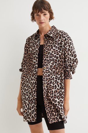 Oversized cotton shirt jacket - Beige/Leopard print - Ladies | H&M GB