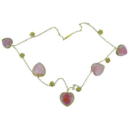 Victorian Watermelon Heart Tourmaline 14K Yellow Gold Necklace : Wilson's Estate Jewelry | Ruby Lane
