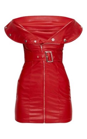 Red Faux Leather Bardot Waist Belt Bodycon Dress