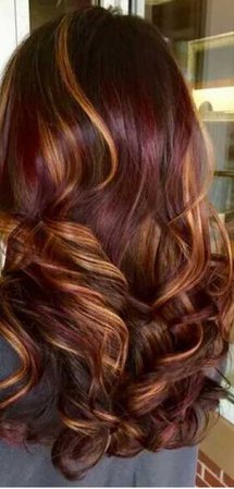 Brown hair with red and blonde highlights