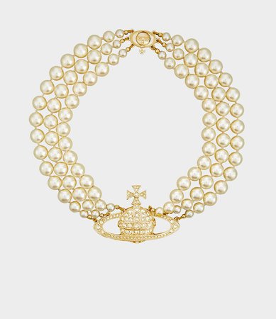 Vivienne Westwood Women's Necklaces | Vivienne Westwood - Three Row Pearl Bas Relief Choker Gold-Tone