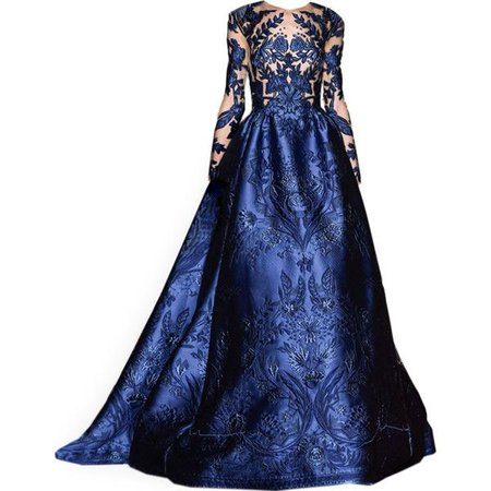 Blue Lace Sleeved Evening Gown