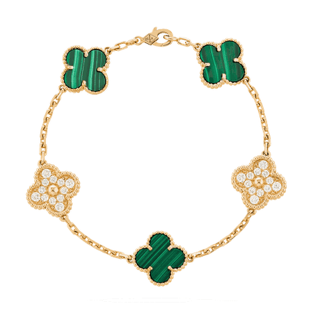 Van Cleef & Arpels, Vintage Alhambra bracelet, 5 motifs Yellow gold, Diamond, Malachite