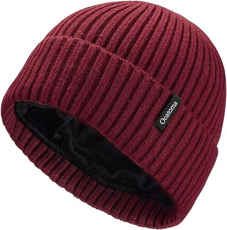 Ocatoma Beanie Hat for Men Women Warm Winter Knit Cuffed Beanie Soft Warm Ski Hats Unisex Wine Red at Amazon Women’s Clothing store