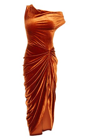 Rust Velvet Off Shoulder Draped Skirt Midi Dress | PrettyLittleThing USA