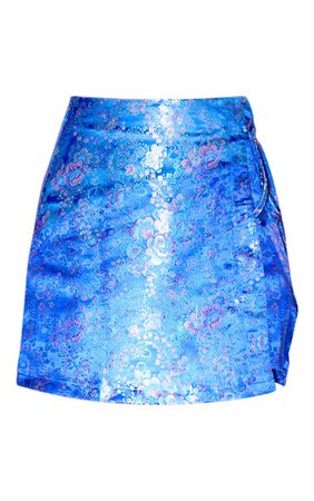 Blue Oriental Wrap Mini Skirt | Skirts | PrettyLittleThing
