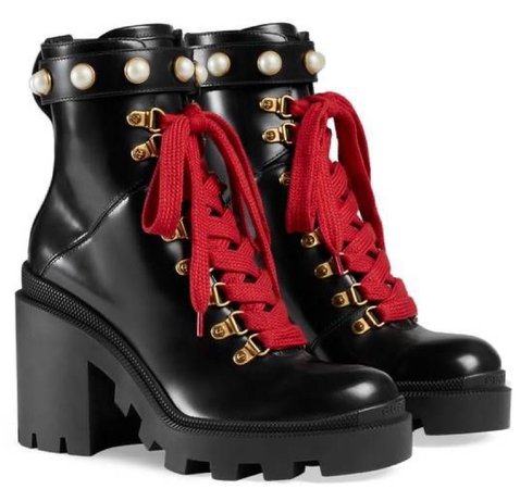 Heeled Black Leather Boot with Red Laces