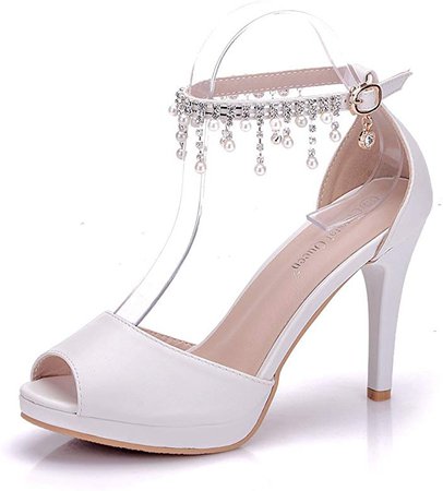 Amazon.com | VINEIL Peep Toe Women Ankle Strap High Heels Sandals Platform Shoes White Pearls Chain Tassel Party Evening Dress Wedding Shoes 6M | Heeled Sandals