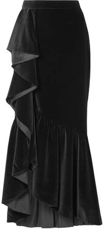Alice Olivia - Arianna Ruffled Velvet Maxi Skirt - Black