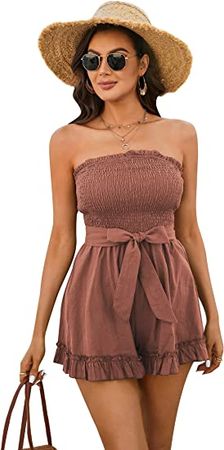 Amazon.com: Women’s Summer Off Shoulder Smocked Rompers Strapless Ruffle Jumpsuit Cotton Linen Short Beach Vacation Outfits S-XXL : Clothing, Shoes & Jewelry