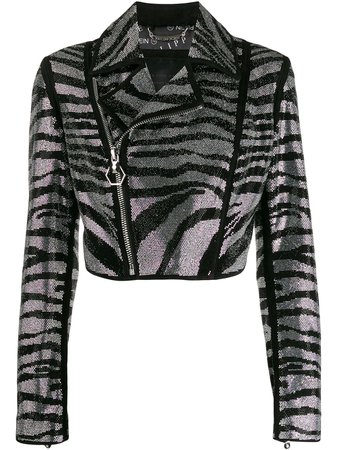 Shop Philipp Plein zebra-pattern crystal biker jacket with Express Delivery - FARFETCH