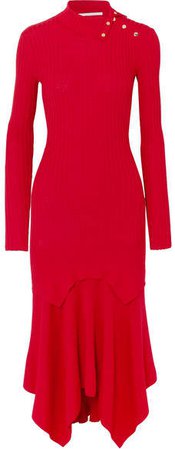 Asymmetric Ribbed Wool And Silk-blend Dress - Red