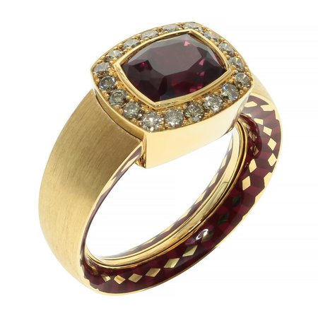 Mousson Atelier Rhodolite Garnet Brown Diamonds 18 Karat Yellow Gold Enamel Ring