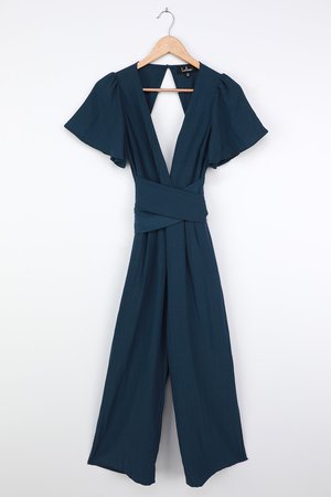 Navy Blue Jumpsuit - Backless Jumpsuit - Flutter Sleeve Jumpsuit - Lulus