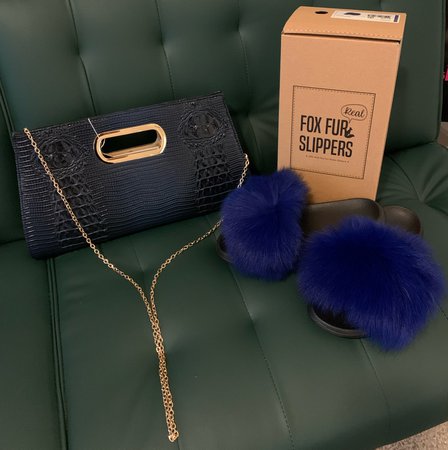LKC Vegan Leather Navy Blue Clutch and Royal Blue Furry Slippers