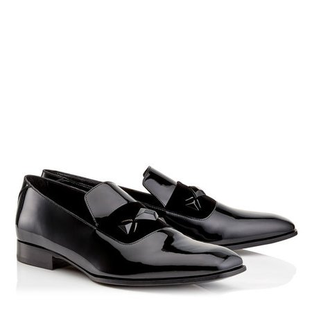 Black Patent Slipper Shoes with Black Velvet Ribbon Detail and Crystal Stone Detailing | SAWN | Cruise 19 | JIMMY CHOO