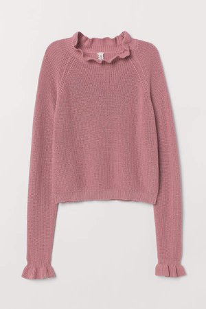 Knit Sweater with Ruffle Trim - Pink