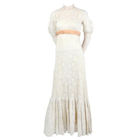 Victorian Antique Crochet Lace Vintage Dress w/ High Collar Wedding Gown Size 2