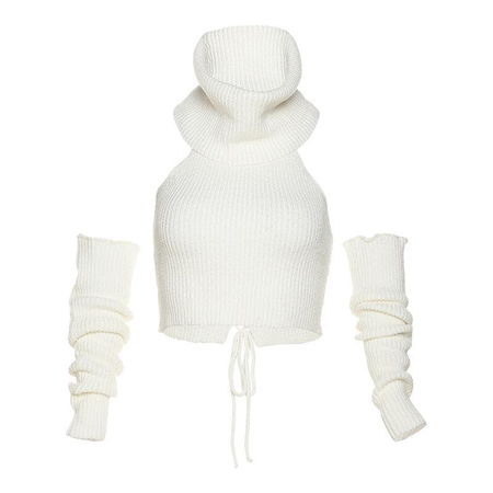 Sleeveless print knitted lace up self tie gloves halter turtle neck crop top
