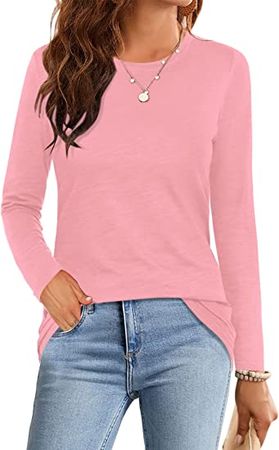 Elesomo Women Long Sleeve Tops Casual Cotton T-Shirt Crew Neck Tshirt, Pink XS at Amazon Women’s Clothing store