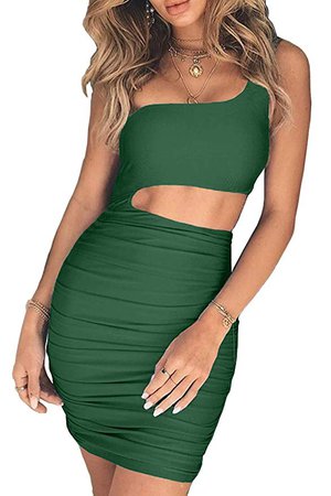 CHYRII Women's Sexy One Shoulder Sleeveless Cutout Ruched Bodycon Mini Club Dress at Amazon Women’s Clothing store