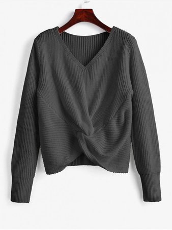 [45% OFF] 2019 V Neck Twist Front Pullover Sweater In DARK GRAY ONE SIZE | ZAFUL