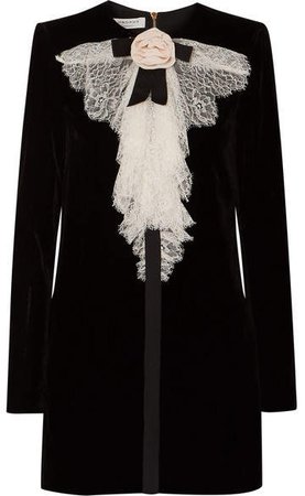 Lace-trimmed Velvet Mini Dress - Black