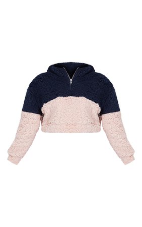 Petite Navy Contrast Borg Half Zip Sweater | PrettyLittleThing USA